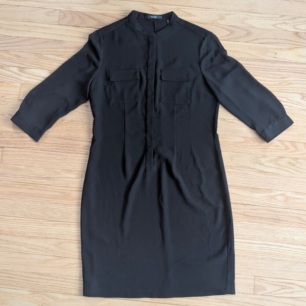 Tahari Women's 6 Hidden Button Down 3/4 Illusion Sleeve Tunic Dress Black Midi